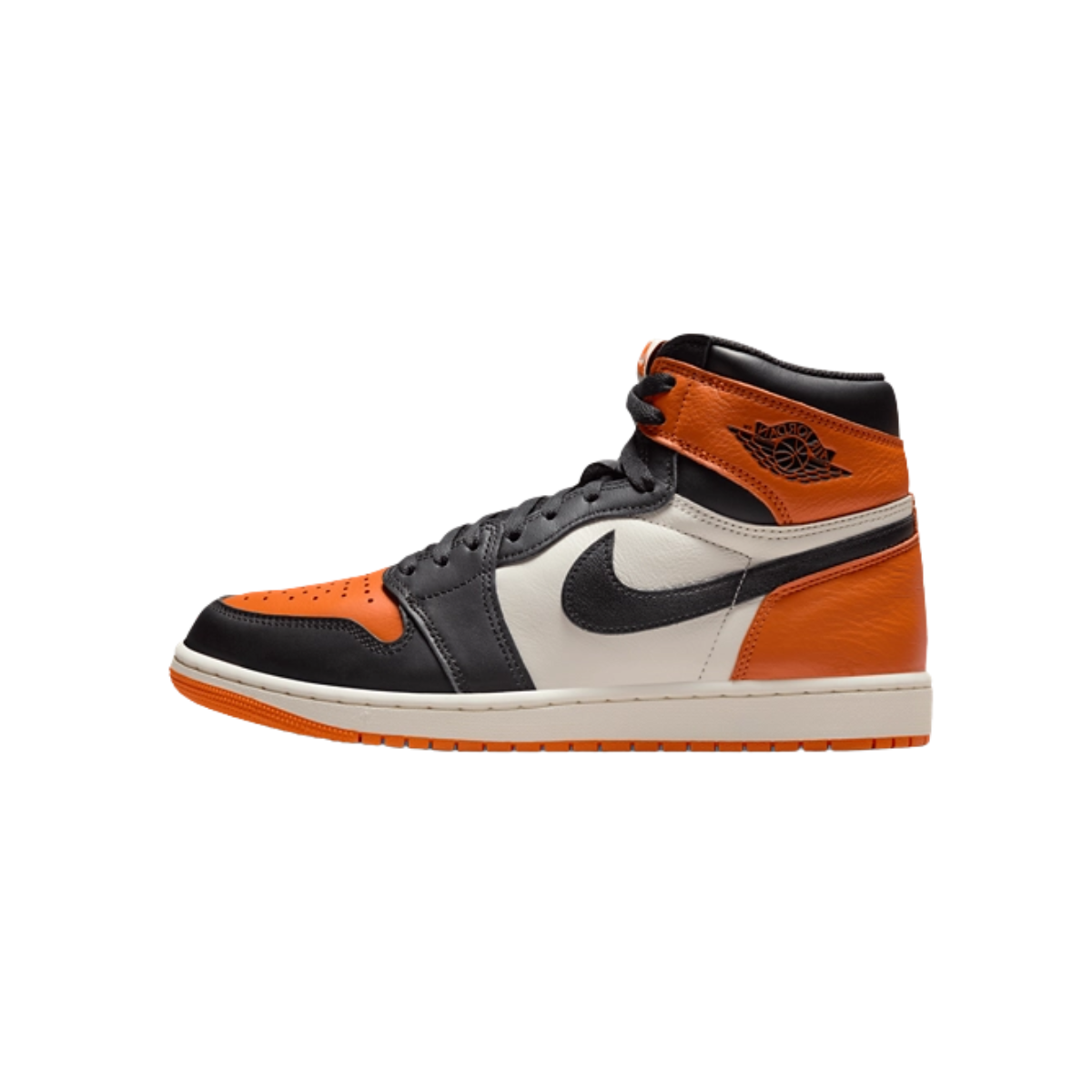 Air Jordan 1 Retro High OG Shattered Backboard vista lateral color naranja negro y blanco.